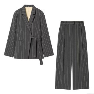 Women Striped Blazer Pants Set Elegant Long Sleeve Wrap Suit Jacket With Belt Wide Leg High Waist Pleated Trousers For Office Commuter Business Casual Outfit