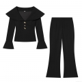 Women's Two Piece Pants Set Elegant Polyester Long Sleeve Lapel Top With Golden Buttons Flare Leg Trousers For Office Commute Business Fashion Outfits
