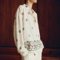 Women's Floral Embroidery Two Piece Set Long Sleeve Lapel Button Down Shirt And High Waist Wide Leg Pants Casual Loose Matching Outfits For Vacation Streetwear