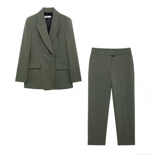 Women's Elegant Business Suit Set 100% Polyester Double Breasted Blazer And Straight Leg Trousers Two-Piece Outfit For Office Commute Professional Lady Clothing