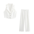 Women's Elegant 2 Piece Pants Set White Sleeveless Vest Top With 3D Flower Decoration High Waist Wide Leg Trousers Suit For Office Commuter Lady Fashion Outfit