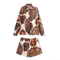 Women's 2 Piece Casual Set Bohemian Paisley Floral Print Long Sleeve Button Down Shirt and High Waist Shorts Loose Beach Vacation Outfits