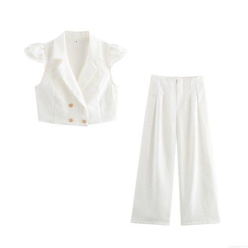 Women's Elegant Two Piece Set Ruffle Butterfly Sleeve Short Vest Top And High Waist Wide Leg Pants Set Solid Color Office Lady Commuter Outfits