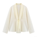 Women's 2 Piece Elegant Office Blazer Set With Chiffon Tie Neck Long Sleeve Blazer And Straight Leg Suit Pants Solid Color Business Professional Outfit For Women