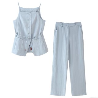 Women's Casual Two Piece Set Cami Top And Long Pants Solid Color Summer Outfits With Wood Beads Decoration And Single Breasted Button For Daily Commute