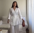 Women's 2 Piece Elegant Pant Set 100% Cotton Contrast Piping Long Sleeve V Neck Tied Top and Wide Leg Trousers Casual Loungewear Outfit
