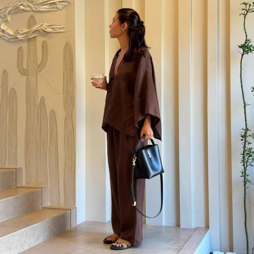 Women's Casual 2 Piece Set V-Neck Lace-Up Long Sleeve Loose Top and Wide Leg Pants Polyester Linen-Like Texture Comfortable Vacation Outfits for Women
