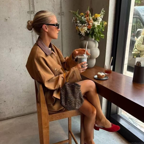 Women's Casual Two Piece Outfits Fashion Zip Up Jacket With PU Leather Contrast Collar And High Waist Wide Leg Shorts Streetwear Khaki Polyester Sets