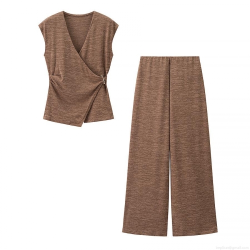 Women's 2 Piece Knit Lounge Sets Sleeveless Wrap V Neck Top And High Waist Wide Leg Pants Outfits Summer Casual Minimalist Solid Color Streetwear