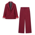 European Style Women Wine Red Blazer and Pants Set Polyester Feather Trim Peaked Lapel Long Sleeve Jacket High Waist Wide Leg Casual Trousers Two Piece Outfits Women