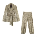 Women's Velvet Suit Set 2 Piece Outfits Silver Floral Print Tie Waist Blazer Jacket And Lantern Pants High Waist Trousers Streetwear Party Suits