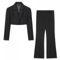 Women's Two Piece Black Blazer Set Cropped Long Sleeve Lapel Jacket High Waisted Flare Leg Pants Elegant Office Streetwear Lady Outfit