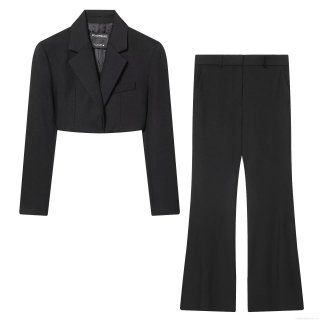 Women's Two Piece Black Blazer Set Cropped Long Sleeve Lapel Jacket High Waisted Flare Leg Pants Elegant Office Streetwear Lady Outfit