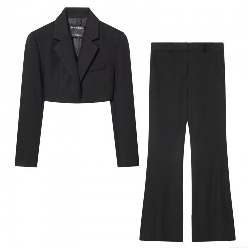 Women's Two Piece Black Blazer Set Cropped Long Sleeve Lapel Jacket High Waisted Flare Leg Pants Elegant Office Streetwear Lady Outfit