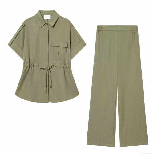 Women's 2-Piece Set Solid Color Lapel Short Sleeve Drawstring Shirt And Elastic High Waist Wide Leg Pants Casual Summer Streetwear Outfit