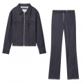 Women's 2-Piece Denim Set Long Sleeve Zipper Crop Jacket And High Waist Front Split Straight Jeans Contrast Stitching Streetwear Denim Suit