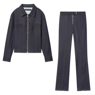 Women's 2-Piece Denim Set Long Sleeve Zipper Crop Jacket And High Waist Front Split Straight Jeans Contrast Stitching Streetwear Denim Suit