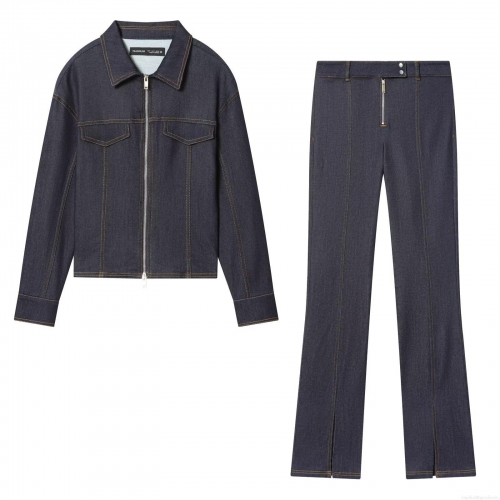 Women's 2-Piece Denim Set Long Sleeve Zipper Crop Jacket And High Waist Front Split Straight Jeans Contrast Stitching Streetwear Denim Suit