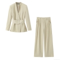 Women Elegant Solid Color Two Piece Suit Set Long Sleeve V-Neck Waisted Blazer and High Waisted Wide Leg Pants Polyester Professional Business Outfits for Office Party Ladies
