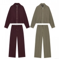 Women's Casual Corduroy Two-Piece Outfits Zip Up Lapel Jacket And Straight Leg Drawstring Pants Set Streetwear Long Sleeve Fall Solid Color Clothing