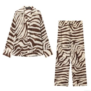 Women's Zebra Print Shirt And Pants Set Polyester Chiffon Long Sleeve Button Down Shirt Drawstring Elastic Waist Straight Leg Pants Casual Streetwear Vacation European American Style