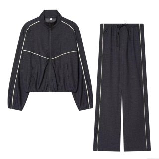 Women's Dark Grey Denim Two Piece Set Stand Collar Zipper Jacket and Wide Leg Pants With White Side Stripes Streetwear Casual Outfit For Women