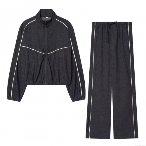 Women's Dark Grey Denim Two Piece Set Stand Collar Zipper Jacket and Wide Leg Pants With White Side Stripes Streetwear Casual Outfit For Women