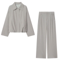 Women's Two Piece Set Grey Pinstripe Pilot Jacket And High Waist Wide Leg Pants Casual Street Style Spring Autumn Office Lady Outfit