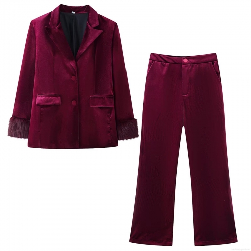 Women's Elegant Velvet Suit Set Two Piece Wine Red Blazer With Faux Fur Cuffs And Straight Leg Pants For Autumn Winter Street Style Party Office Casual Wear