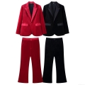 Women's Elegant Velvet Blazer And Pants 2 Piece Suit Set Lapel Collar Single Breasted Blazer High Waist Wide Leg Trousers For Office Party Streetwear