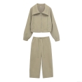 Women's 2-Piece Sweatshirt Sweatpants Set Casual Zip Up Lapel Long Sleeve Top and High Waist Wide Leg Pants with Side Split Soft Loungewear Tracksuit for Spring Autumn