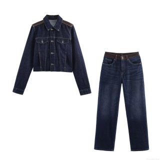 Women's Denim Jacket and Pants Two-Piece Set Leather Patchwork Dark Blue Streetwear Casual Spring Autumn Denim Outfit With Metal Buttons