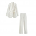 Women's Elegant 2 Piece Blazer and Pants Set Polyester Tie Waist Long Sleeve Lapel Jacket High Waist Wide Leg Trousers Business Casual Suits for Office Party