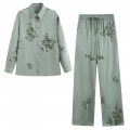 Women Elegant Sequin Floral Embroidery Two Piece Set Satin Long Sleeve Lapel Shirt and Wide Leg Drawstring Pants Set for Party Daily Wear