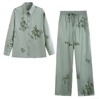 Women Elegant Sequin Floral Embroidery Two Piece Set Satin Long Sleeve Lapel Shirt and Wide Leg Drawstring Pants Set for Party Daily Wear