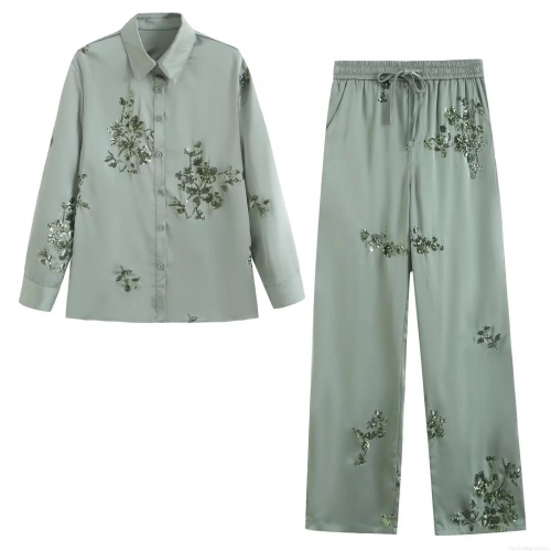 Women Elegant Sequin Floral Embroidery Two Piece Set Satin Long Sleeve Lapel Shirt and Wide Leg Drawstring Pants Set for Party Daily Wear