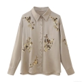 Women's Two Piece Set Sequin Floral Embroidery Satin Polyester Long Sleeve Button Down Shirt and Wide Leg Pants Casual Streetwear Party Outfits Elegant Evening Loungewear