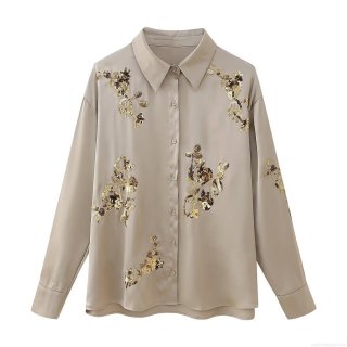 Women's Two Piece Set Sequin Floral Embroidery Satin Polyester Long Sleeve Button Down Shirt and Wide Leg Pants Casual Streetwear Party Outfits Elegant Evening Loungewear