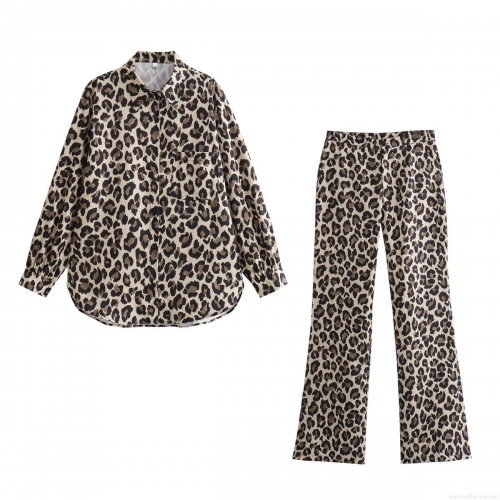 Women Leopard Print Two-Piece Set Casual Long Sleeve Shirt And High Waist Wide Leg Pants Streetwear Outfits For Spring Autumn Women Clothing