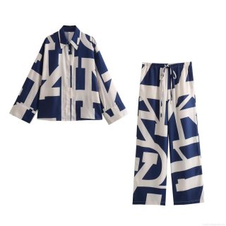 Women's Two Piece Set Geometric Letter Print Long Sleeve Button Down Shirt and Drawstring Wide Leg Pants Casual Outfits Loungewear Streetwear Tracksuit