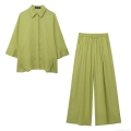 Women Cotton Linen Two Piece Set Casual Loose Lapel Long Sleeve Button Down Shirt And High Waist Wide Leg Pants Suit For Summer Streetwear