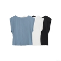 Women's 2 Piece Pleated Outfits Sleeveless Round Neck Top and High Waist Wide Leg Pants Set Summer Casual Streetwear Tracksuit