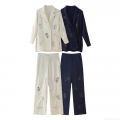 Women's Elegant Satin Two Piece Suit Set Sequin Flower Blazer Jacket And Wide Leg Pants Casual Streetwear Party Outfits Lady
