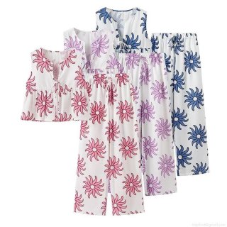 Women's 2 Piece Casual Outfits Sunflower Printed V Neck Sleeveless Tie Front Crop Top And Wide Leg Long Pants Set Summer Streetwear