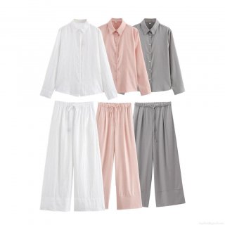 Women Casual 2 Piece Set Button Down Long Sleeve Lapel Shirt And High Waist Drawstring Wide Leg Pants Solid Color Loungewear Tracksuit Outfits