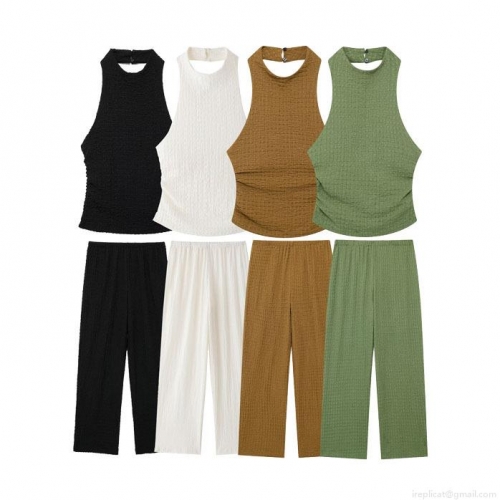 Women's 2 Piece Summer Outfits Halter Neck Backless Slim Fit Tank Top and High Waist Wide Leg Pants Set Textured Waffle Knit Casual Streetwear Set
