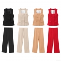 Women Fashion Double Breasted Square Neck Vest And High Waist Wide Leg Long Pants Set Elegant Solid Color Office Commuter Two Piece Outfits For Autumn Spring