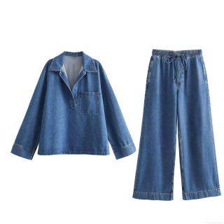 Women's Street Fashion Denim Two Piece Set Long Sleeve Lapel Polo Neck Top and Elastic Drawstring Waist Wide Leg Pants Casual Washed Cotton Blend Outfit