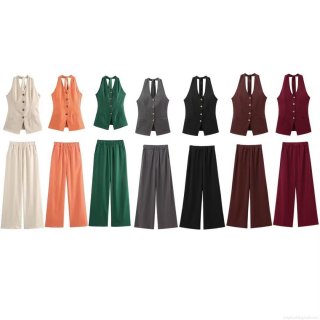 Women's Sexy 2 Piece Outfits Halter Neck Backless Bow Tie Vest Top and High Waist Wide Leg Pants Set Solid Color Casual Streetwear Suits