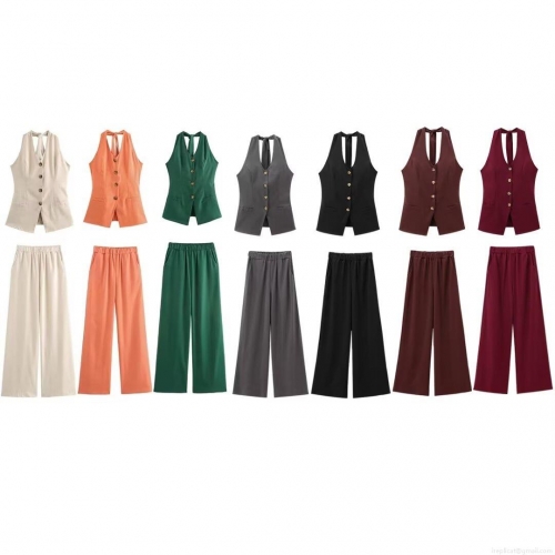 Women's Sexy 2 Piece Outfits Halter Neck Backless Bow Tie Vest Top and High Waist Wide Leg Pants Set Solid Color Casual Streetwear Suits